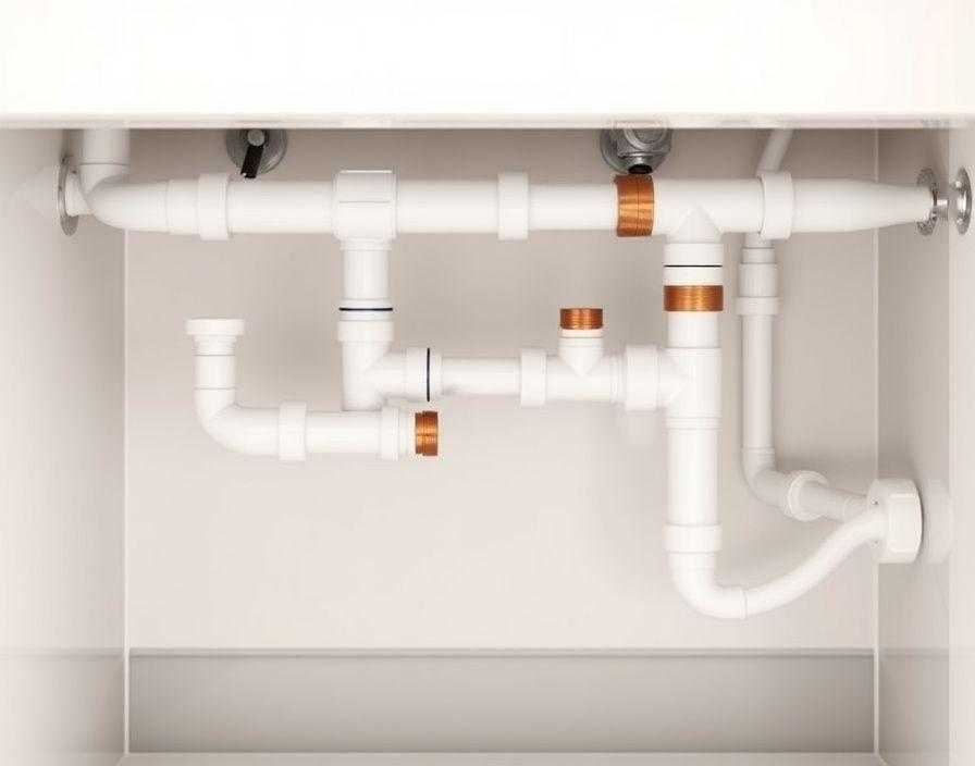 Re-piped kitchen plumbing behind cabinetry