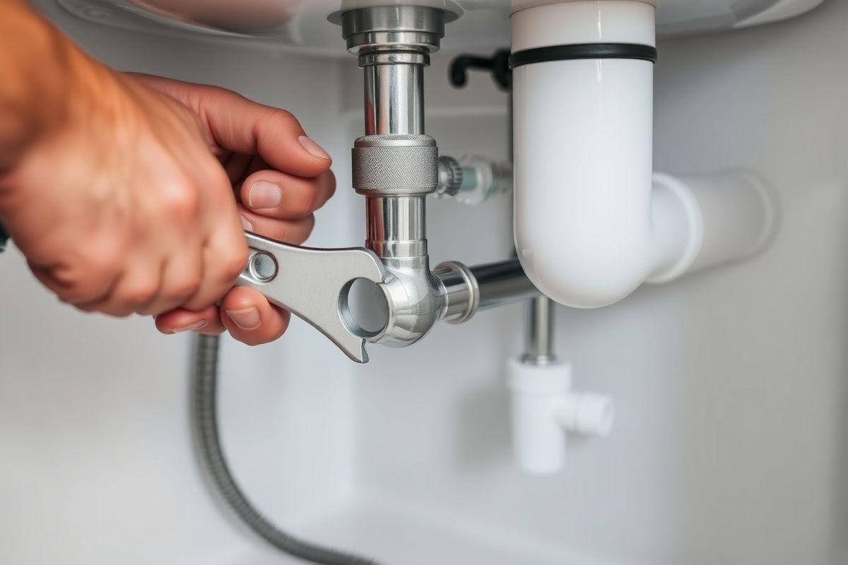 Plumber fixing a pipe under a sink